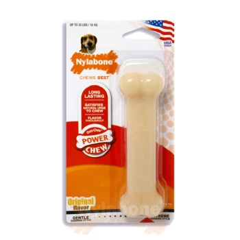 Nylabone Power Chew dog toy in original flavor, labeled "Long Lasting" and "Satisfies natural urge to chew," for powerful chewers.