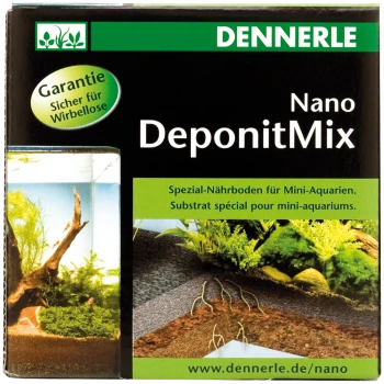 Dennerle Nano DeponitMix Verpackung, mit Bildern von Aquarien mit Wasserpflanzen und Substrat, beschriftet auf Deutsch und Französisch.