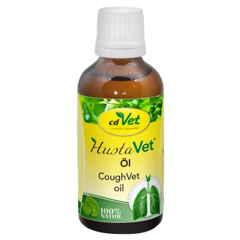 Bernsteinfarbene Flasche mit weißem Verschluss, beschriftet 'cdVet HustaVet Öl / CoughVet oil 100% Natur' mit grünem Lungenmotiv.