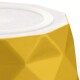 Nahaufnahme eines gelben, geometrischen Haustierfutterbehälters mit einem weißen Deckel, der ein modernes Design zeigt.