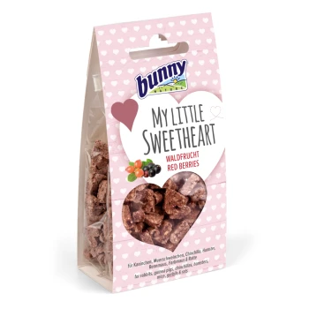 Bunny Nature My Little Sweetheart treat bag, featuring red berry snacks for rabbits and small pets, with a pink heart-patterned background.