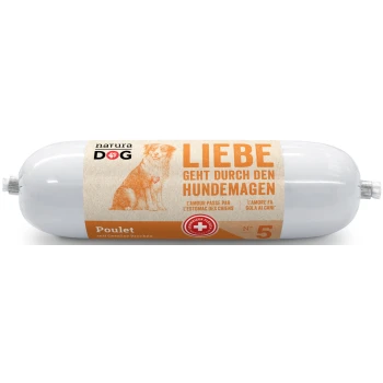 Hundefutterrolle mit der Aufschrift "Poulet mit Gemüse Brocken", mit einer Zeichnung eines Hundes mit einem Herz und Text in Deutsch, Französisch und Italienisch.
