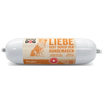 Rouleau de nourriture pour chiens étiqueté "Poulet mit Gemüse Brocken," avec un dessin d'un chien avec un cœur, et du texte en allemand, français et italien.