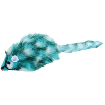 Blau-weiß geflecktes, pelziges Katzenspielzeug in Form einer Maus mit langem Schwanz und kleinen weißen Ohren.
