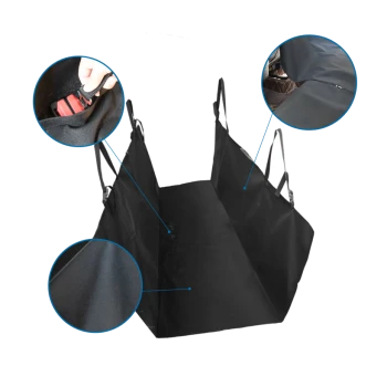 Schwarze Autositzabdeckung für Haustiere mit verstellbaren Riemen, mit Nahaufnahmen von Schnalle, Stofftextur und Nahtdetails.