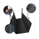 Schwarze Autositzabdeckung für Haustiere mit verstellbaren Riemen, mit Nahaufnahmen von Schnalle, Stofftextur und Nahtdetails.