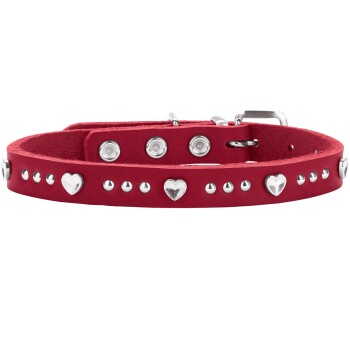 Rotes Kunstwildleder-Haustierhalsband mit silbernen Herz- und Rundnieten, Metallschnalle und verstellbaren Löchern