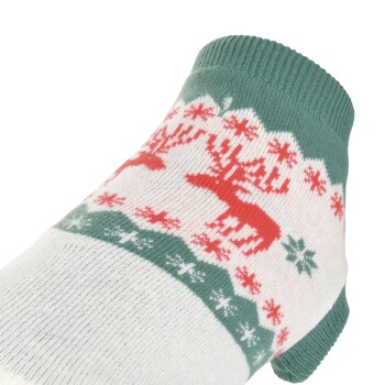 Grün-weißes Haustier-Knöchelsöckchen mit rotem Rentier- und Schneeflocken-Weihnachtsmuster.