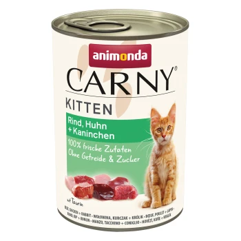 Carny Nassfutter Katze Kitten Rind, Huhn und Kaninchen 24x400 g Dose mit Katzenfutter, beschriftet mit 'Animonda Carny', mit Rind, Huhn und Kaninchen. Behauptet 100% frische Zutaten, getreidefrei und zuckerfrei.
