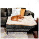 Brauner Hund liegt auf einer beigen, flauschigen Haustierdecke auf einem dunkelgrauen Sofa mit dekorativen Kissen.