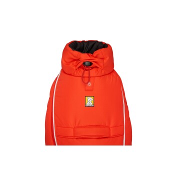 Helle orangefarbene Hundejacke mit Kapuze, mit einem weißen Reißverschluss und einem Ruffwear-Logo-Patch auf der Vorderseite.