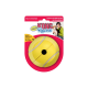 Yellow tennis ball-shaped treat dispenser for pets, labeled "Tennis KONG Rewards," with instructions to insert treats for extended playtime.