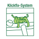 Illustration des Klickfix-Systems, mit einem grünen Befestigungsmechanismus an einer horizontalen Stange, mit einer Kugel auf der linken Seite.