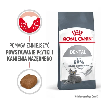 Torba z karmą dla kotów Royal Canin Dental z szarym kotem, twierdzi, że zmniejsza tworzenie się kamienia nazębnego o 59% w ciągu 28 dni.