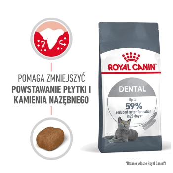 Torba z karmą dla kotów Royal Canin Dental z szarym kotem, twierdzi, że zmniejsza tworzenie się kamienia nazębnego o 59% w ciągu 28 dni.