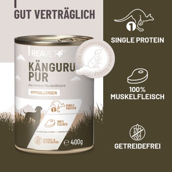 Dose Kängurufutter mit Aufschrift ‚KÄNGURU PUR‘, hypoallergen, Alleinprotein, 100% Muskelfleisch, getreidefrei, 400 g.
