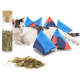 Eine entspannte grau-weiße Katze liegt neben bunten Katzenminze gefüllten Kissen und einem Glasbehälter mit getrockneten Katzenminzblättern.
