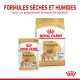 Emballage de nourriture pour chiens Pomeranian Royal Canin, présentant un sachet de nourriture humide de 85g et un sac de nourriture sèche, mettant en avant une nutrition optimale pour les adultes.