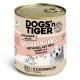 Dose Hundefutter mit der Aufschrift "DOGS'n TIGER" mit dem Geschmack "GRÜNSCHNABEL", das Geflügel, Reis, Karotten und Zucchini enthält. Enthält 63% Geflügel.