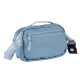 Hellblaue Leckerli-Tasche für Haustiere mit Reißverschlusstasche und verstellbarem Riemen, zum Tragen von Haustierbedarf konzipiert.