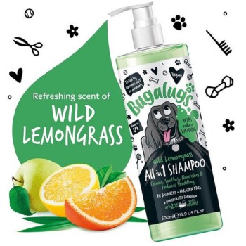 Bugalugs Wild Lemongrass All-in-1 Shampoo-Flasche mit Hundillustration, die ihren erfrischenden Duft, Vorteile und vegane Formel zeigt.