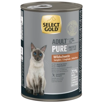 Select Gold Adult Pure Wild Boar Grain-Free Cat Food Pâté can with Siamese cat and 72% wild boar text.