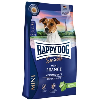 Happy Dog Sensible Mini Frankreich Hundefutterbeutel mit dem Etikett "Gourmet-Ente", geeignet für Hunde unter 10 kg.
