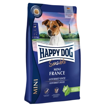 Happy Dog Sensible Mini Frankreich Hundefutterbeutel mit dem Etikett "Gourmet-Ente", geeignet für Hunde unter 10 kg.