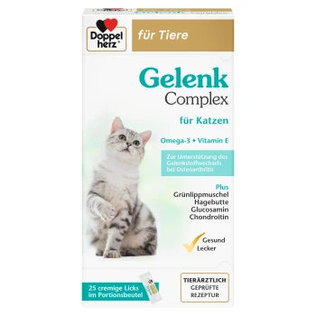 Gelenk Complex für Katzen von Doppelherz, mit einer grau-weißen Katze, fördert die Gelenkgesundheit mit Omega-3 und Vitamin E.