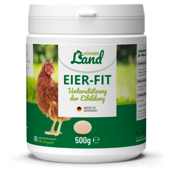Behälter von Eier-Fit, einem Geflügelsupplement für die Eierproduktion, mit einer Illustration von einer Henne und einem Ei, beschriftet mit "Hergestellt in Deutschland", 500g.