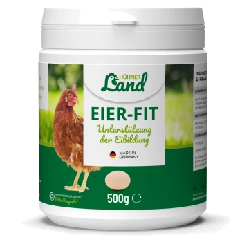 Behälter von Eier-Fit, einem Geflügelsupplement für die Eierproduktion, mit einer Illustration von einer Henne und einem Ei, beschriftet mit "Hergestellt in Deutschland", 500g.