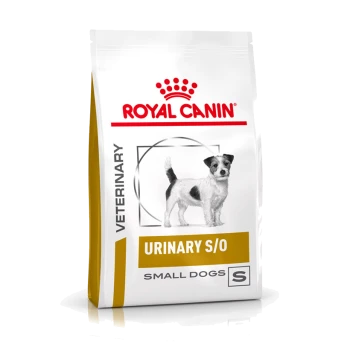 Royal Canin Veterinary Urinary S/O droogvoer voor kleine honden, met een afbeelding van een kleine hond op de verpakking.