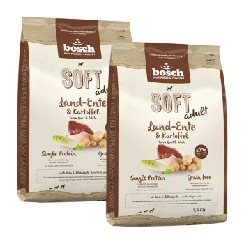Zwei 2,5 kg Beutel Bosch Soft Adult Hundefutter, beschriftet mit "Land-Ente & Kartoffel" (Ziege & Kartoffel), getreidefrei, Einzelprotein-Formel.