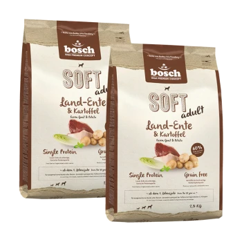 Zwei 2,5 kg Beutel Bosch Soft Adult Hundefutter, beschriftet mit "Land-Ente & Kartoffel" (Ziege & Kartoffel), getreidefrei, Einzelprotein-Formel.