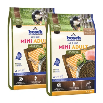 Zwei Tüten Bosch Mini Adult Hundefutter, mit frischem Geflügel und Hirse, 25% Protein und 14% Fett, geeignet für kleine Rassen.