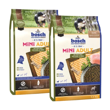 Zwei Tüten Bosch Mini Adult Hundefutter, mit frischem Geflügel und Hirse, 25% Protein und 14% Fett, geeignet für kleine Rassen.