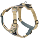 Hundegeschirr mit Camouflage-Muster, verstellbaren Riemen und gepolstertem Brustbereich für Komfort, mit einem Metall-D-Ring zur Leinenbefestigung.