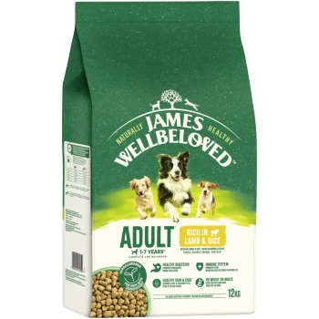James Wellbeloved Adult Hundefutter 1-7 Jahre, reich an Lamm & Reis, hypoallergen, 12 kg Beutel mit gesunder Verdauung und Immununterstützung.