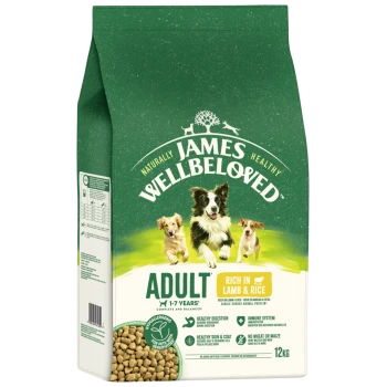 James Wellbeloved Adult Dog Food 1-7 years, rich in lamb & rice, hypoallergenic, 12kg bag with healthy digestion and immune support.
