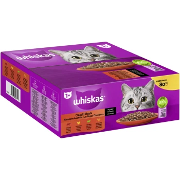 Whiskas Classic Meals Jumbo-Pack für Katzen, mit dem Gesicht einer Katze auf der Verpackung, mit 80 Portionen in Soße.
