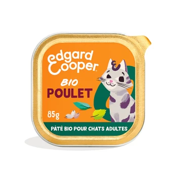 BIO Barquette Chat Adulte Poulet 16x85 kg Pâté pour chat Edgard Cooper BIO Poulet dans un contenant de 85g, avec une illustration de chat ludique et un emballage orange vif.