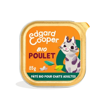 Pâté pour chat Edgard Cooper BIO Poulet dans un contenant de 85g, avec une illustration de chat ludique et un emballage orange vif.