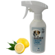 Frische-Sprayflasche für Haustiere mit einem Hundebild, Zitrone und grünen Blättern; beschriftet mit "HAUSTIER FRISCHE SPRAY", vegan und umweltfreundlich.