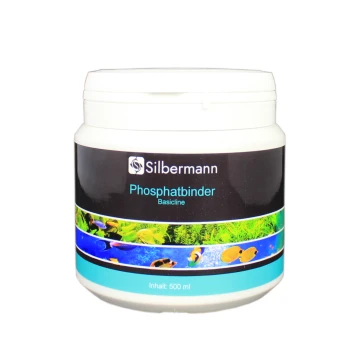 Behälter mit Silbermann Phosphatbinder Basicline, 500 ml, mit aquatischen Bildern auf dem Etikett, entworfen für den Einsatz im Aquarium.