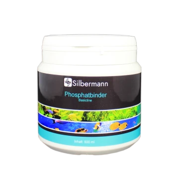 Behälter mit Silbermann Phosphatbinder Basicline, 500 ml, mit aquatischen Bildern auf dem Etikett, entworfen für den Einsatz im Aquarium.