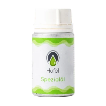 Flasche Huföl Spezialöl, ein Haustierölprodukt, mit einem grünen und weißen Design und einem Tropfenlogo sowie Text auf Deutsch.