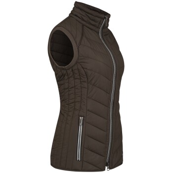 Eine ärmellose braune Steppweste mit hohem Kragen und zwei seitlichen Reißverschlusstaschen, seitlich präsentiert.