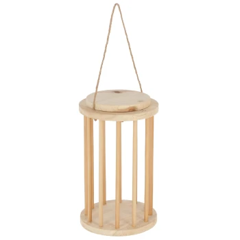 Holz-Halter für Haustierleckerlis mit einem runden Deckel und vertikalen Lamellen, mit einem hängenden Seil für eine einfache Präsentation.