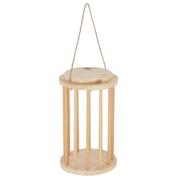 Holz-Halter für Haustierleckerlis mit einem runden Deckel und vertikalen Lamellen, mit einem hängenden Seil für eine einfache Präsentation.