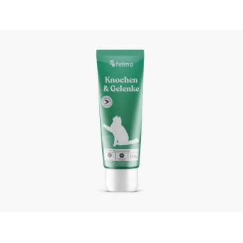Grüne Tube 'Knochen & Gelenke' von Felmo mit weißer Katzensilhouette und der Angabe '100 g'.